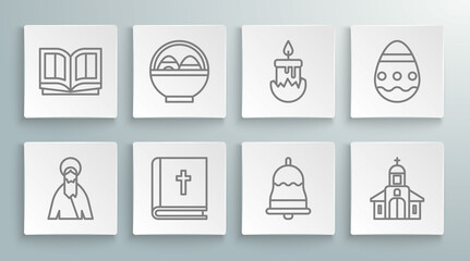 Set line Jesus Christ, Basket with easter eggs, Holy bible book, Ringing bell, Church building, Burning candle, Easter and icon. Vector