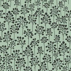 Botanical elements seamless repeat pattern. Silhouette, vector abstract plants all over surface print on sage green background.