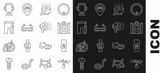Set line Bicycle handlebar, Plaster on leg, Hiking backpack, bell, Sport cycling sunglasses, Cycling shorts, Award cup with bicycle and head lamp icon. Vector