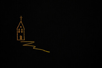 Chapel painted in golden color on a black canvas, simple picture, minimal
