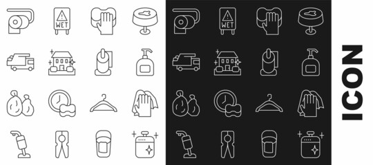 Set line Clean cooking pot, Cleaning service, Bottle of liquid soap, Home cleaning, Garbage truck, Toilet paper roll and icon. Vector