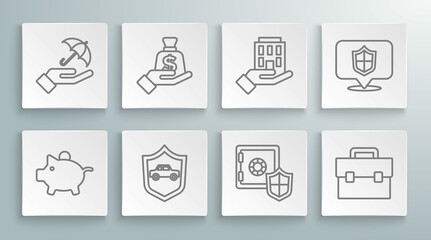 Set line Piggy bank, Money in hand, Car with shield, Safe, Briefcase, House, Location and Umbrella icon. Vector