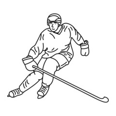 black line illustration Young hockey player with stick on ice field Athlete wearing equipment and helmet practicing. Sports concept, healthy lifestyle, motion, movement, action.