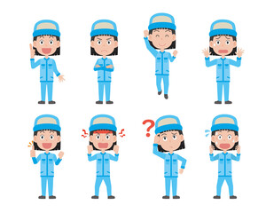 女性作業員の表情ポーズイラストセット