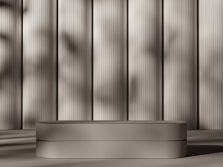 Minimal beige podium or pedestal stage mock up for product background. Pedestal for display. Empty product backdrop. Leaf shadow. 3d render illustration