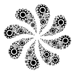Cog interface icon centrifugal motion turbine fireworks composition. Rotation centrifugal explosion composed from scattered cog interface icons.