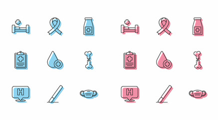 Set line Location hospital, Surgery scalpel, Hospital bed, Medical protective mask, Donate drop blood, Human broken bone, Patient record and Awareness ribbon icon. Vector