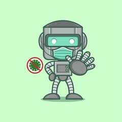 cute cartoon robot character cares about health against virus. vector illustration for mascot logo or sticker