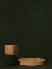 Wood cylinder podium or pedestal for product showcase on a dark green background. Abstract geometric shapes. Empty blank display, stage. 3d render illustration