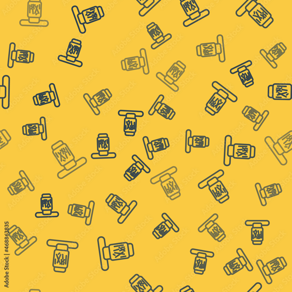 Poster Blue line Cat scratching post with toy icon isolated seamless pattern on yellow background. Vector