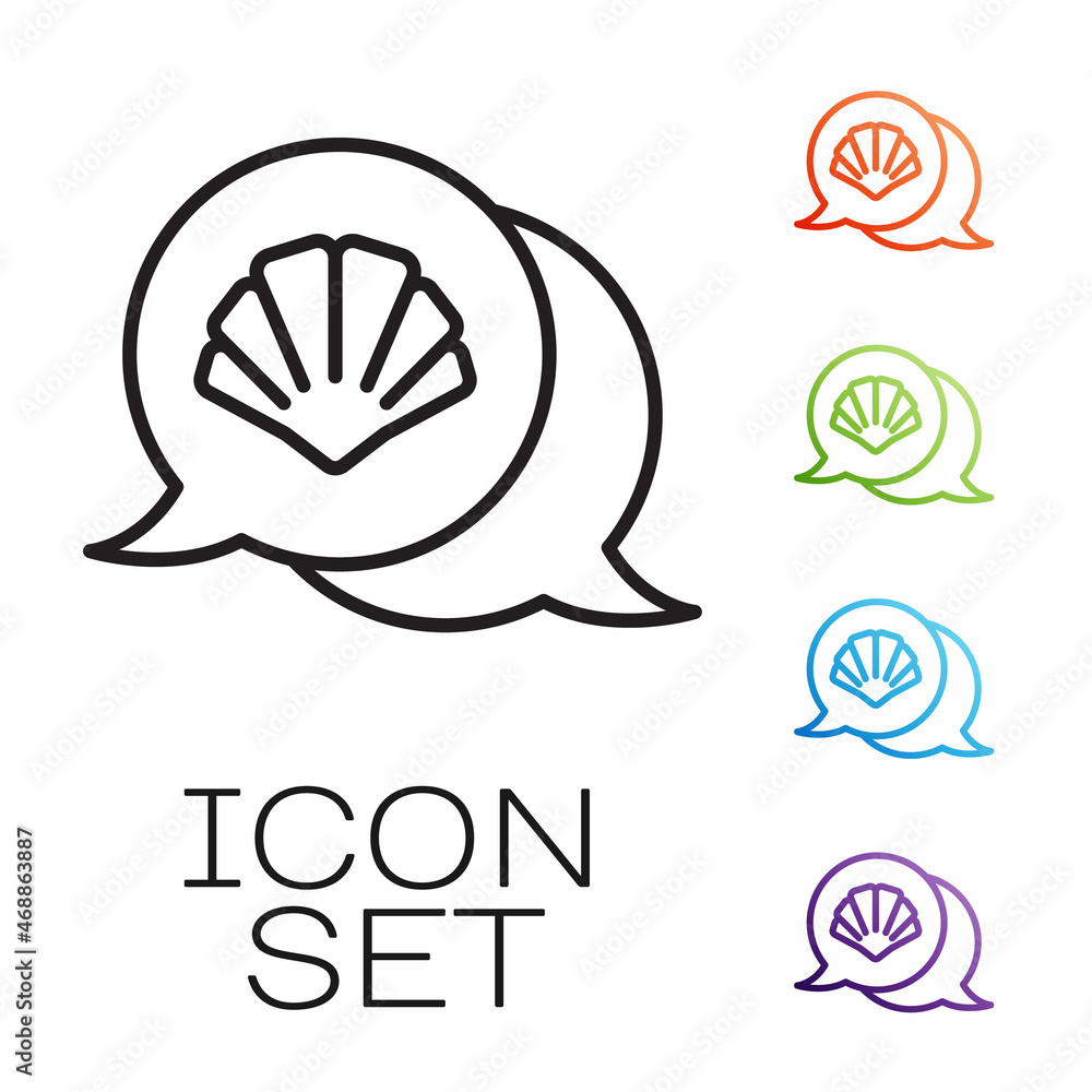 Poster black line scallop sea shell icon isolated on white background. seashell sign. set icons colorful. v