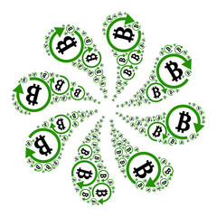 Bitcoin repay icon explosion abstract flower fireworks shape. Flower whirlpool combined from random bitcoin repay icons.
