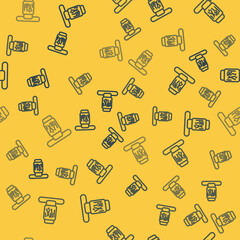 Blue line Cat scratching post with toy icon isolated seamless pattern on yellow background. Vector