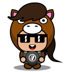 vector cartoon character cute horse animal mascot costume holding camera
