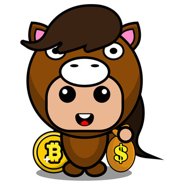 vector cartoon character cute horse animal mascot costume holding bitcoin and money bag
