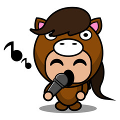 vector cartoon character cute pet horse mascot costume  holding microphone and singing