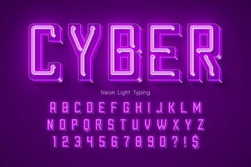 Neon light 3d alphabet, retro-futuristic origainal type.