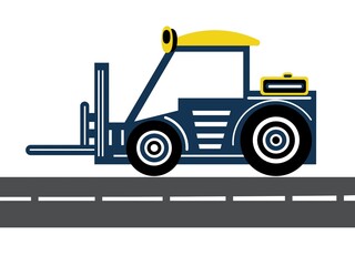 Large construction equipment. Commercial vehicles for construction work. Excavator, tractor, bulldozer, asphalt paver, concrete mixer, loader, telehandler. Digital illustration