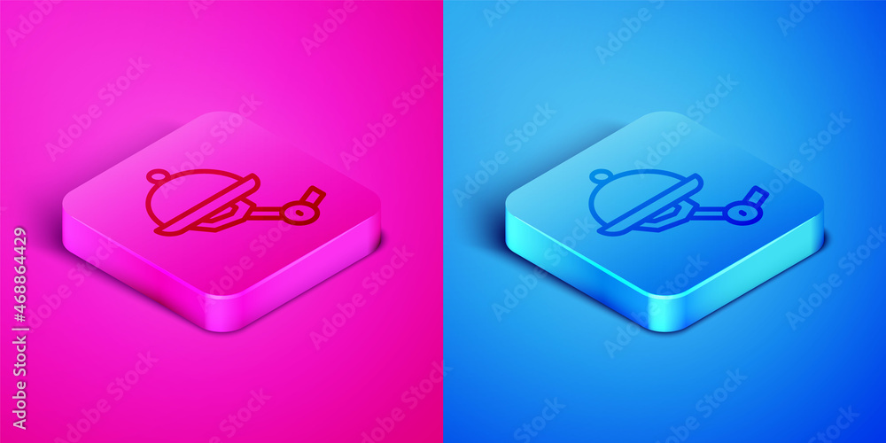 Poster isometric line waiter robot with covered plate icon isolated on pink and blue background. artificial