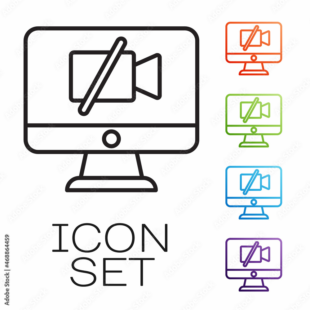 Poster black line video camera off on computer icon isolated on white background. no video. set icons color