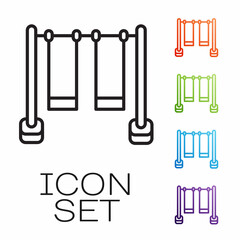 Black line Double swing for kids summer games on playground icon isolated on white background. Outdoor entertainment equipment. Set icons colorful. Vector