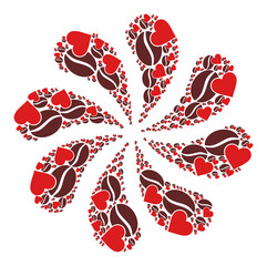 Coffee love icon twirl motion flower salute shape. Flower cyclone done from scattered coffee love icons.