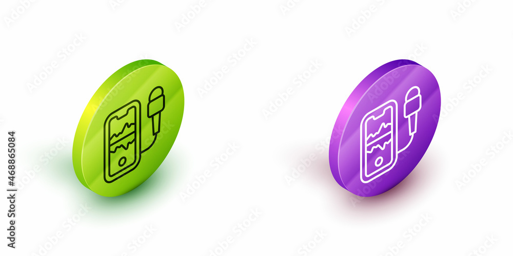 Poster Isometric line Mobile recording icon isolated on white background. Mobile phone with microphone. Voice recorder app smartphone interface. Green and purple circle buttons. Vector
