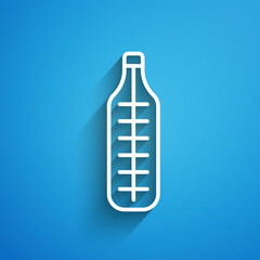 White line Medical thermometer for medical examination icon isolated on blue background. Long shadow. Vector