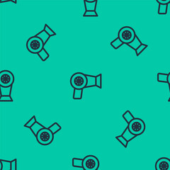 Blue line Hair dryer icon isolated seamless pattern on green background. Hairdryer sign. Hair drying symbol. Blowing hot air. Vector