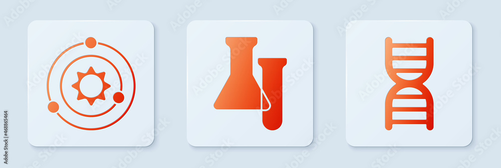 Poster set test tube and flask, solar system and dna symbol. white square button. vector
