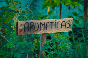 wooden sign with the word aromatics
