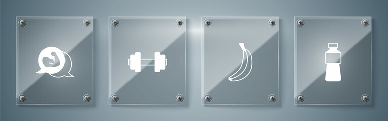 Set Bottle of water, Banana, Dumbbell and Bodybuilder muscle. Square glass panels. Vector