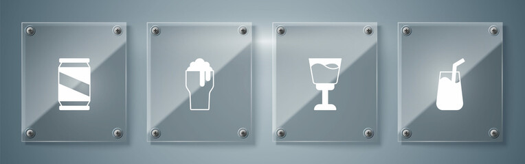Set Cocktail, Wine glass, Glass of beer and Beer can. Square glass panels. Vector