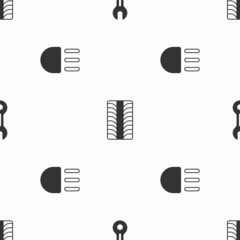 Set Wrench spanner, Car tire wheel and High beam on seamless pattern. Vector