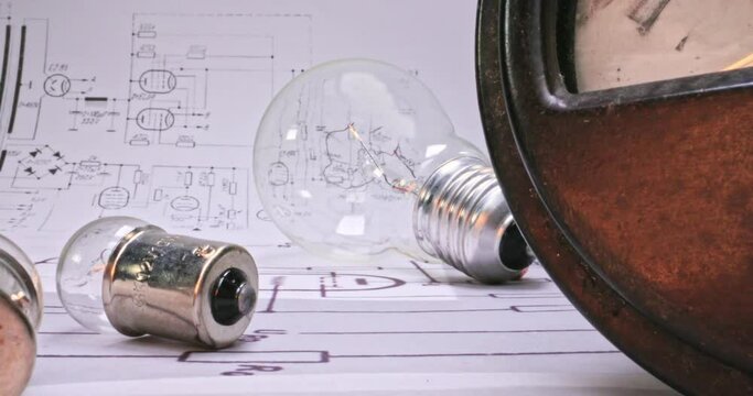 Light bulb, and cables on diagrams. Low voltage edison bulb.