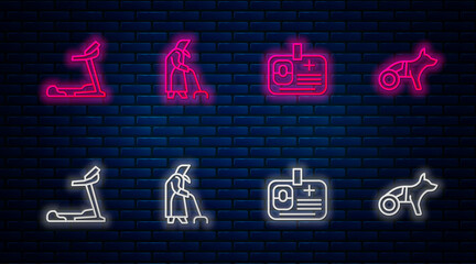 Set line Grandmother, Identification badge, Treadmill machine and Dog wheelchair. Glowing neon icon on brick wall. Vector