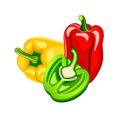 Flat illustration of bell peppers set. Red, green and yellow bell peppers on white background. Idea for a poster, sticker, magazine, book, web design and so on.