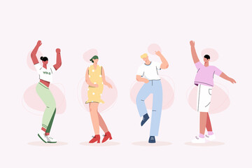 Group of young people dancing happily in flat design