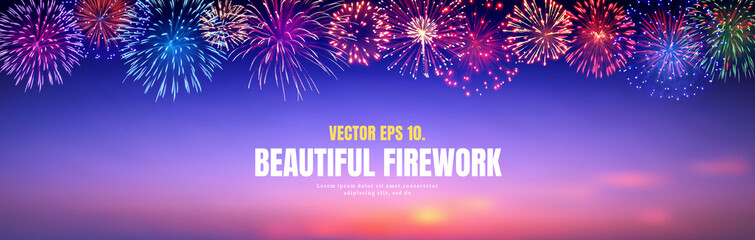 Vector Illustrator Amazing Beautiful firework on sky cloud  blurred background for celebration anniversary merry christmas eve and happy new year
