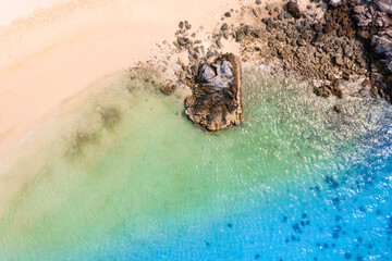 High angle view of the sea and sandy beach on the island, beautiful blue water.