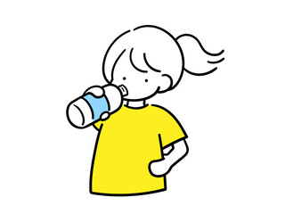 しっかりと水分をとる女の子のシンプルでおしゃれな線画イラスト