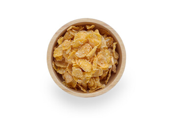 Cereal corn flakes in wooden bowl on white background with clipping path. Tasty cornflakes
