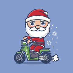 cute cartoon santa claus riding a motorbike. vector illustration for mascot logo or sticker