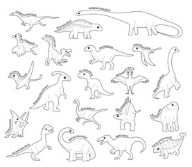 Dinosaur Set Various Kind Identify Cartoon Vector Black and White