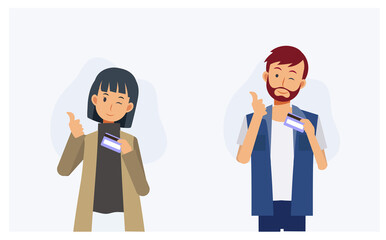 Shopping payment concept,Male and female showing credit card,happy smile, good. Flat vector 2d cartoon character illustration