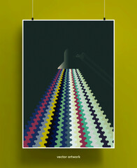 Vintage poster design of lamp with light rays. Colorful vector illustration.