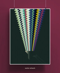 Vintage poster design of lamp with light rays. Colorful vector illustration.