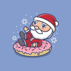 cute cartoon santa claus with big donut. vector illustration for mascot logo or sticker