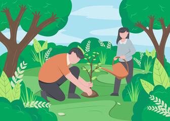 Obraz na płótnie Canvas Flat illustration vector, man planting a tree, saving planet, saving energy, Earth day vector concept