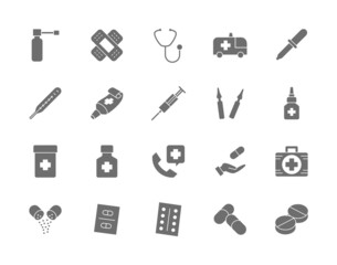 Set of Pharmacy and Medications Grey Icons. Ambulance Car, Stethoscope and more.